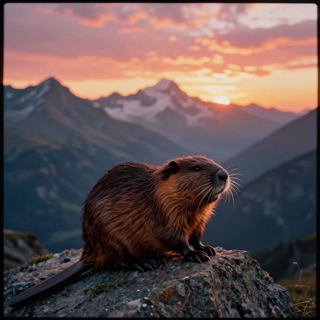 Majestic Beaver Overlooks Swiss Alps at Sunset