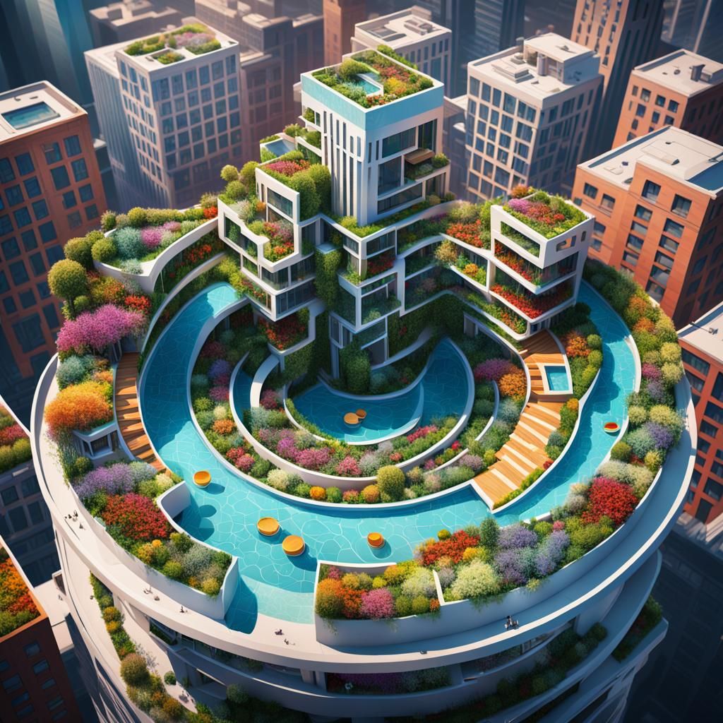 Hyperrealistic Spiral City with Rooftop Gardens
