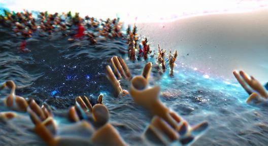 Drowning Figures Reach for Stars in 3D