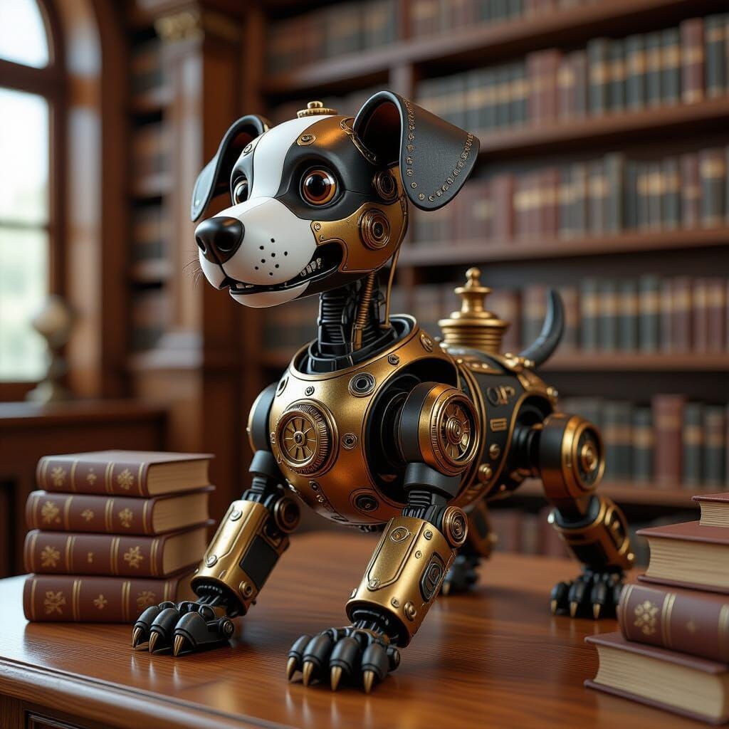 Steampunk Mechanical Dog on Old Books