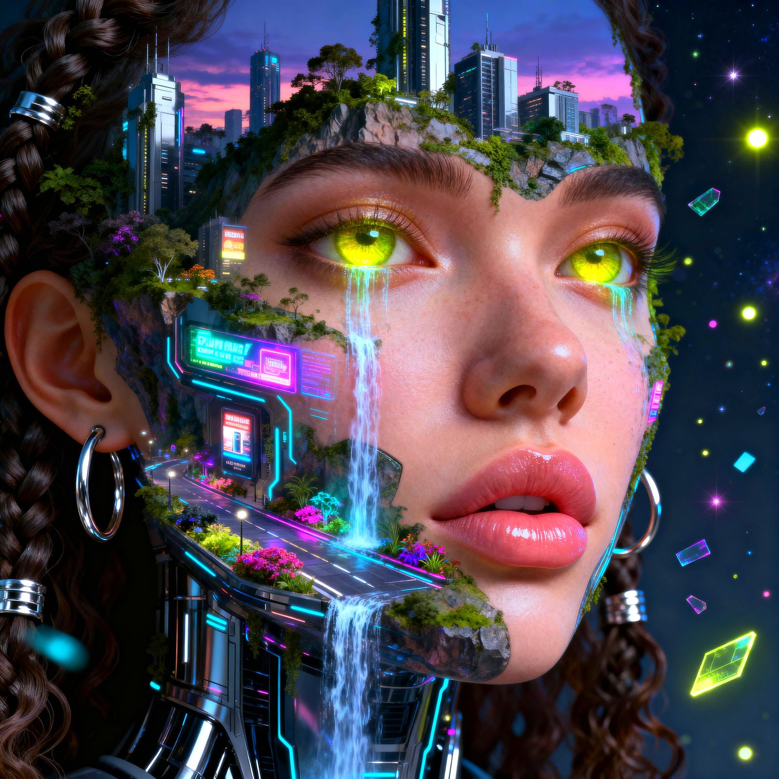 Ethereal Android Woman Blends with Futuristic Cityscape