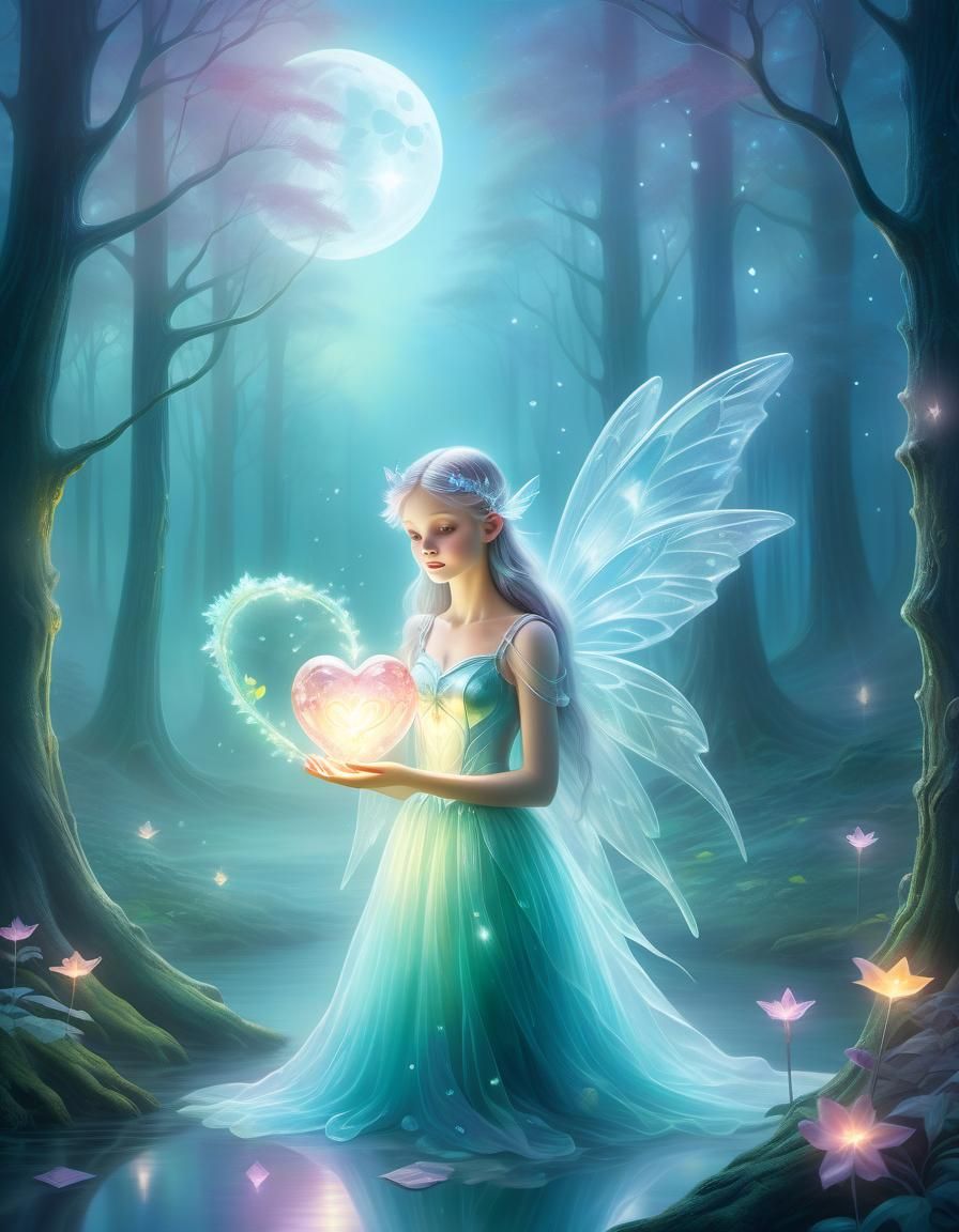 Crystal Fairy with Heart Lamp in Misty Forest