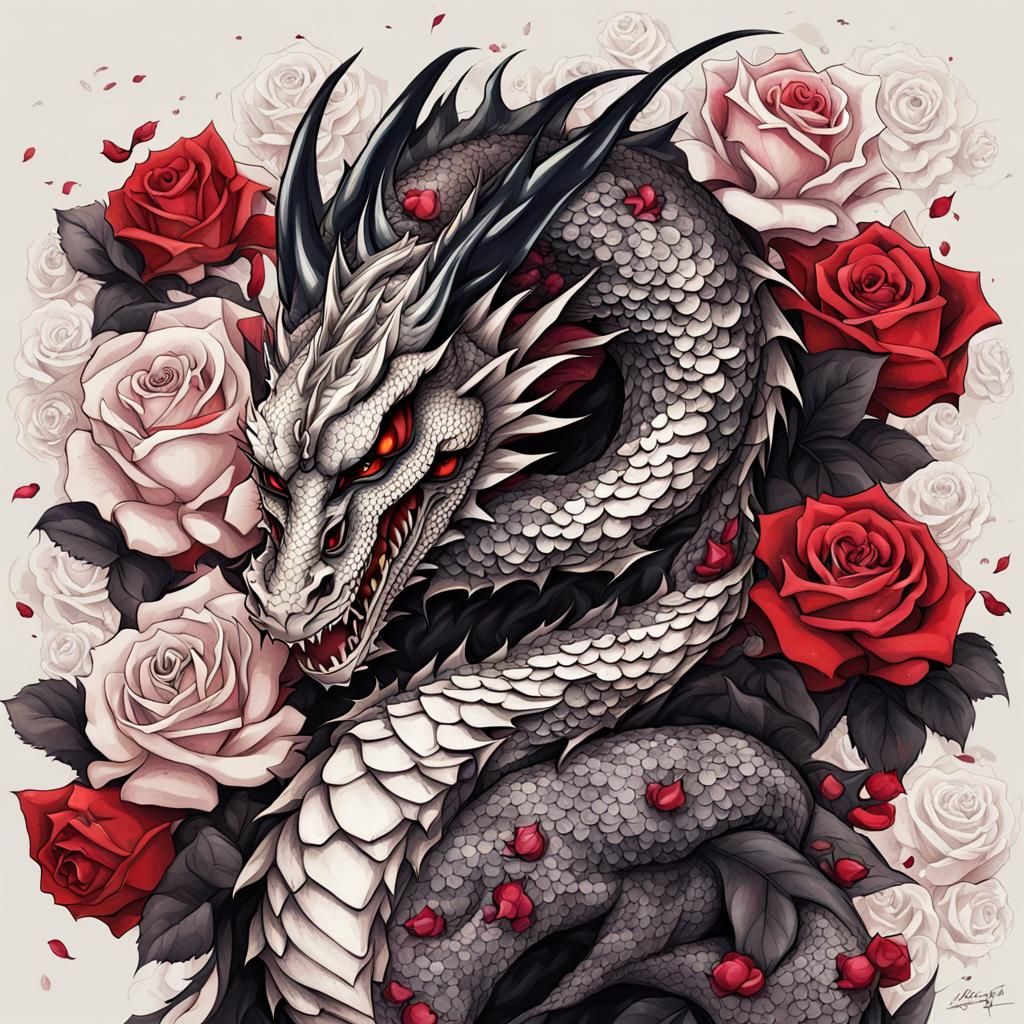 Dragon and Roses Tattoo in Anime Style
