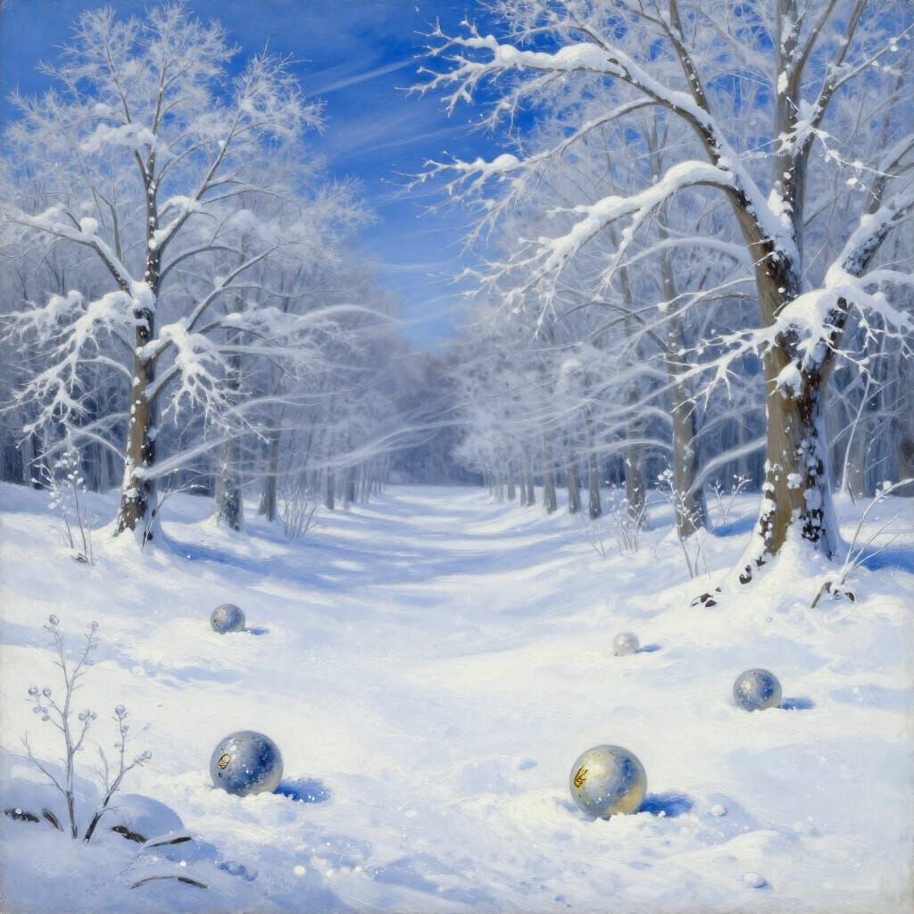 Surreal Winter Landscape Painting with Moonlike Objects