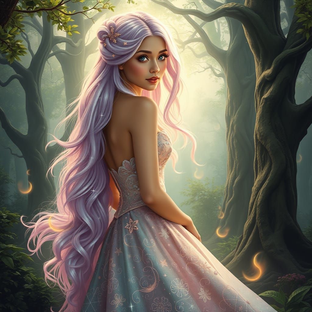 Ethereal Woman with Iridescent Hair in Moonlit Forest