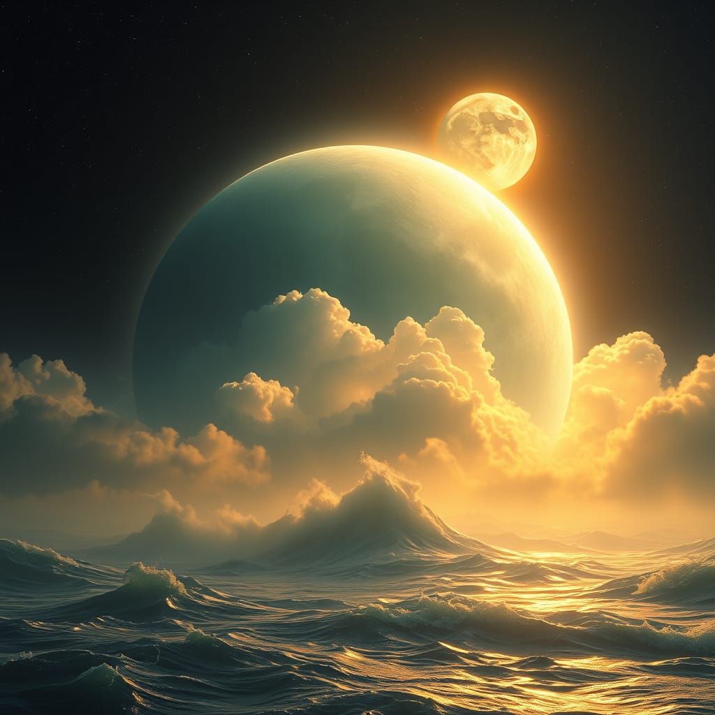 Ethereal Water Planet Under Majestic, Glowing Moonlight