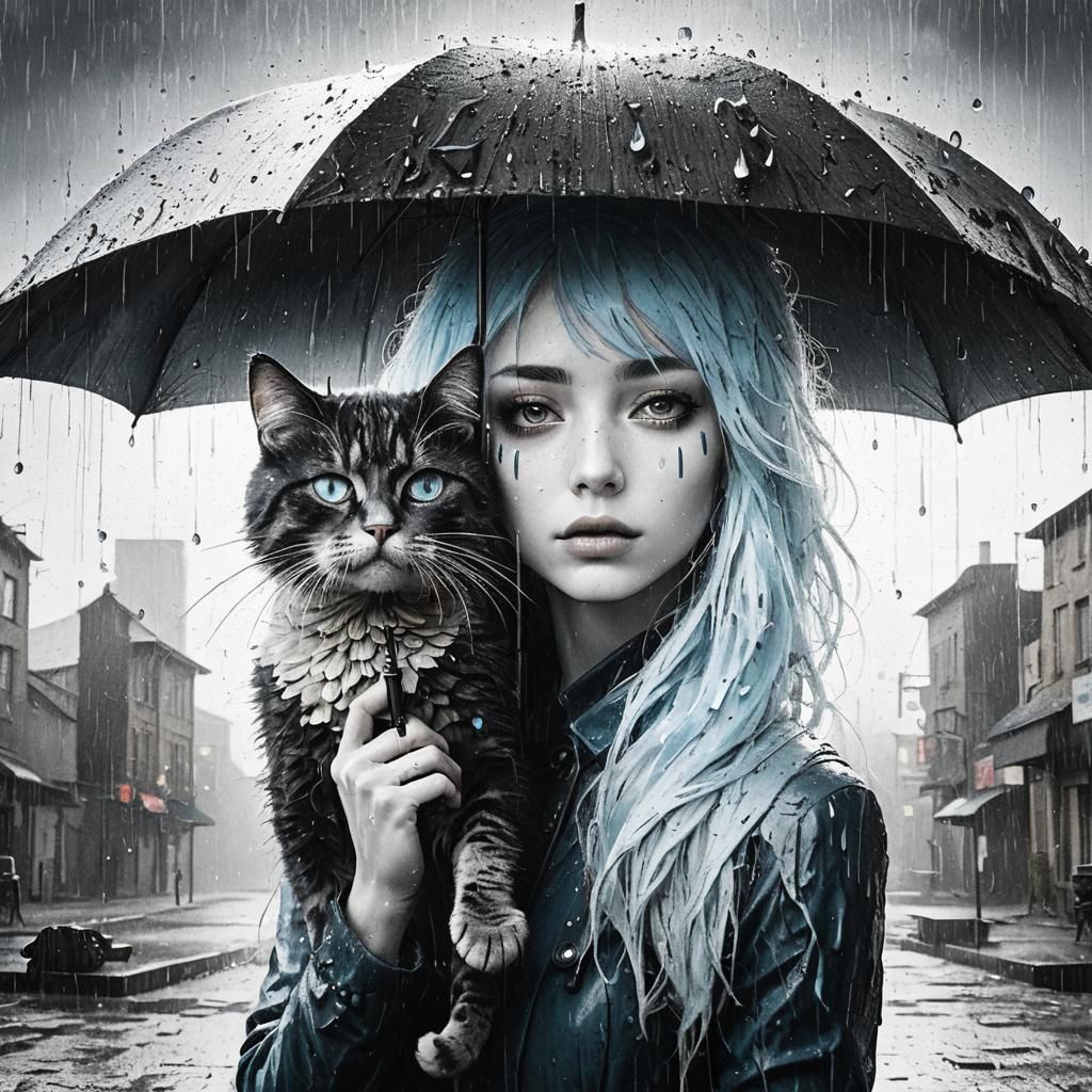 Surrealist Metal Sculpture of Girl Crying in Rain