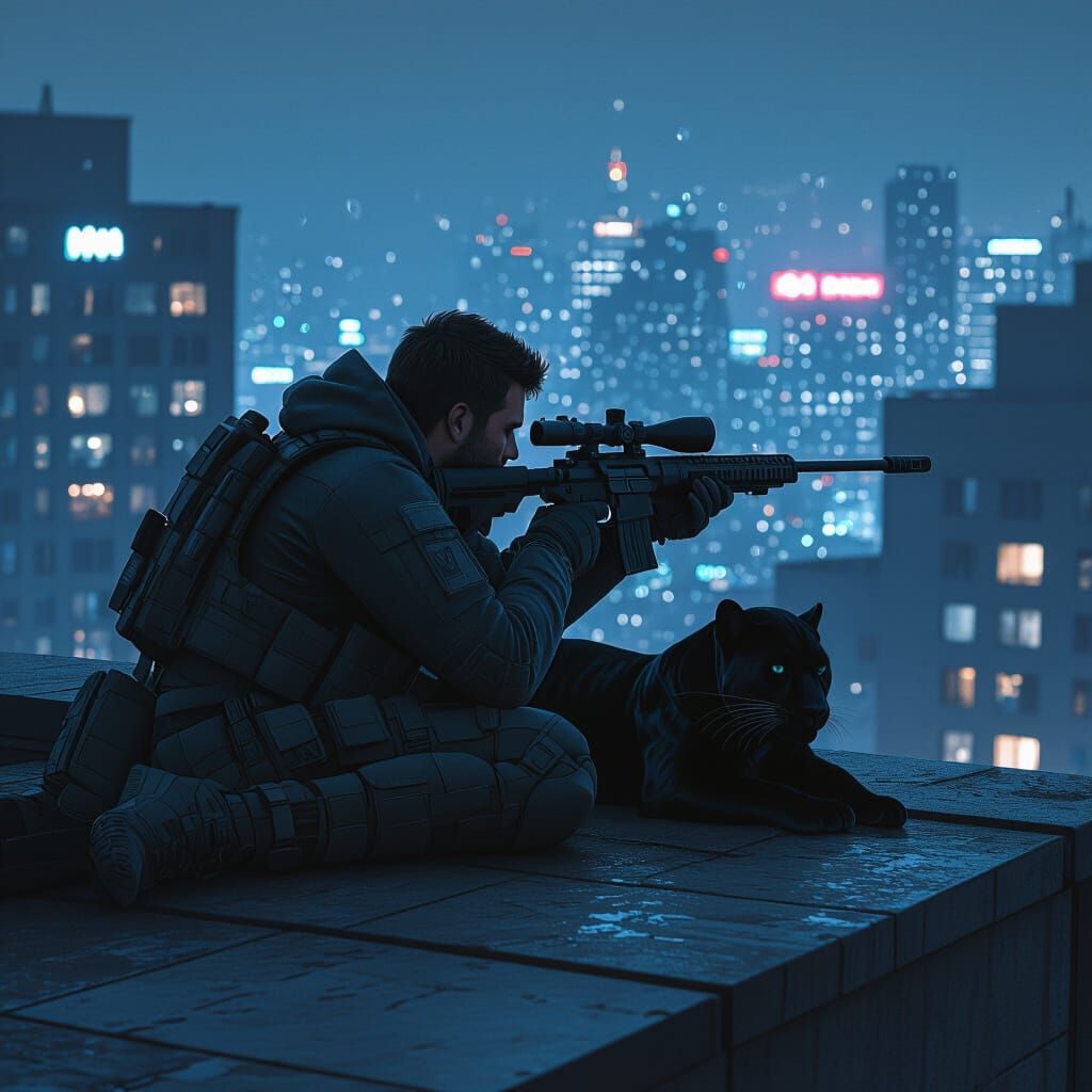 Sniper on Rooftop with Panther in Cyberpunk Style