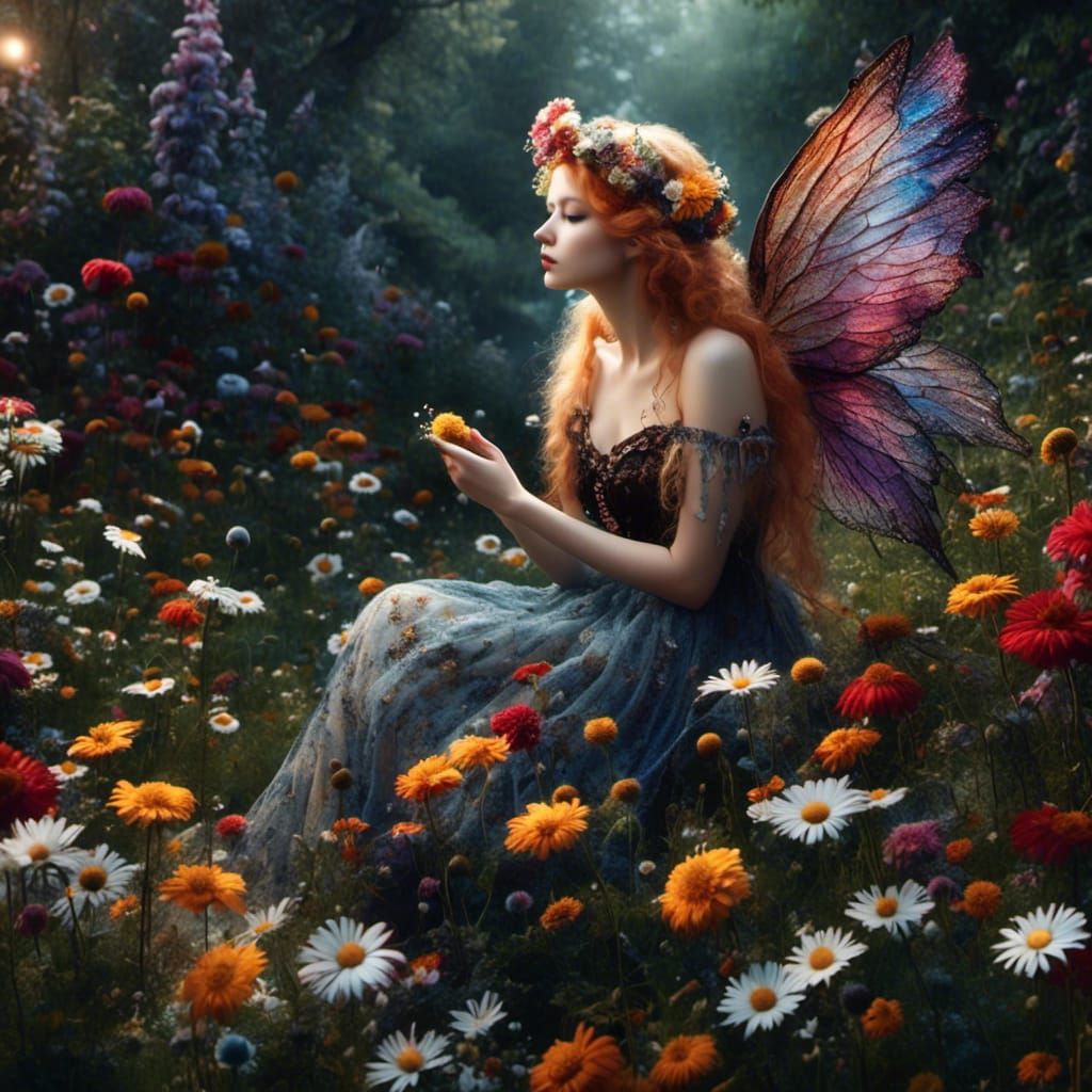 Gothic Garden Fairy Smelling a Daisy in Hyperrealism
