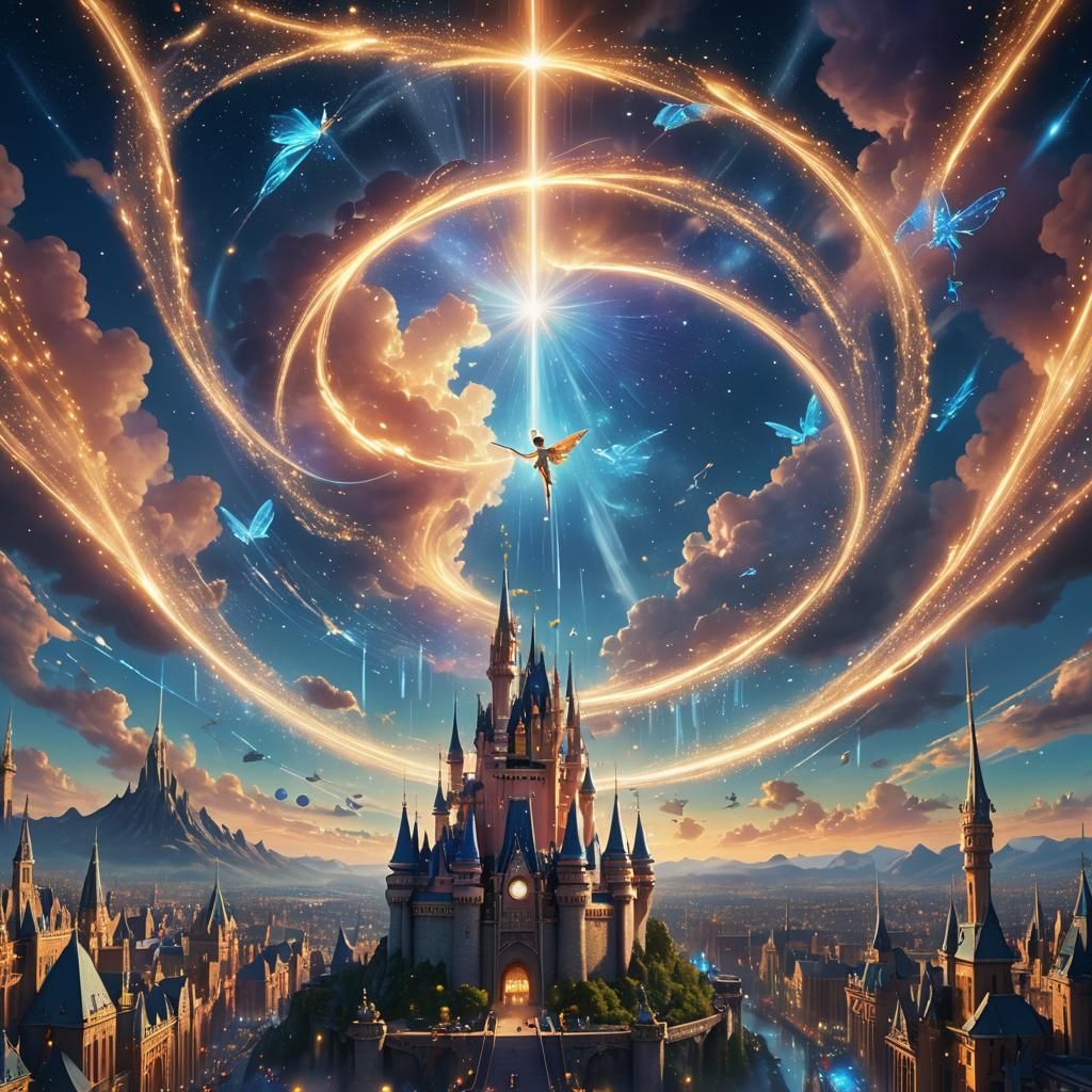 Holographic City with Fairy in Matte Painting Style