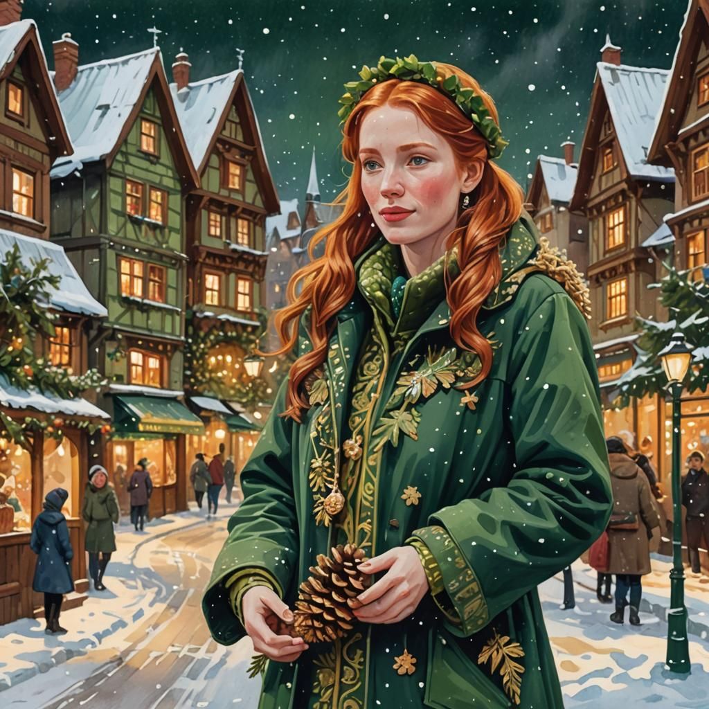Festive Redhead in Snowy Village, Folk Art Style