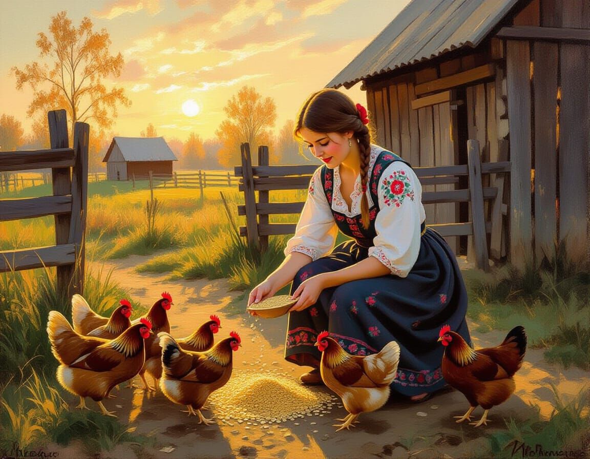 Ukrainian Woman Feeding Chickens at Dawn in Oil Painting Sty...
