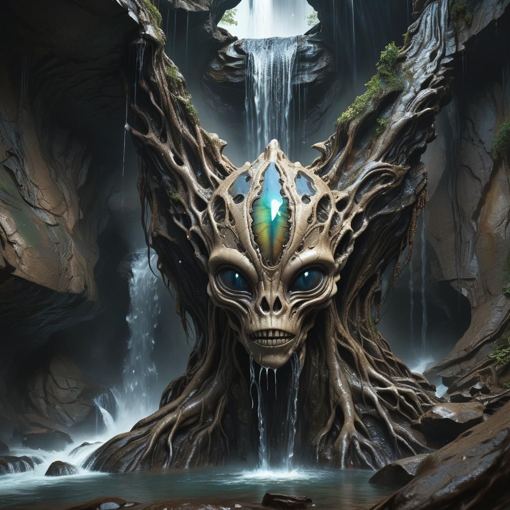 Fossilized Alien Head Waterfall in Dark Fantasy Style