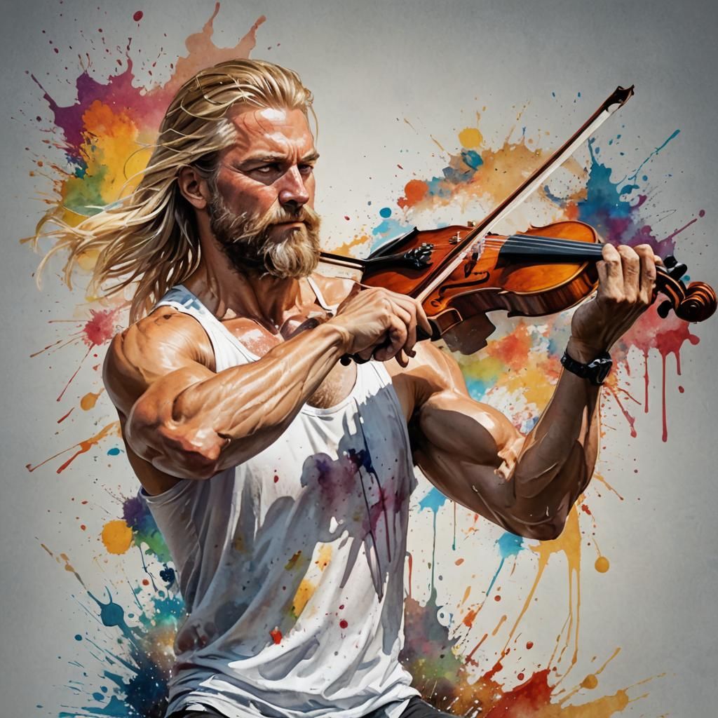 Hyperrealistic Muscular Man Plays Violin in Watercolor Style