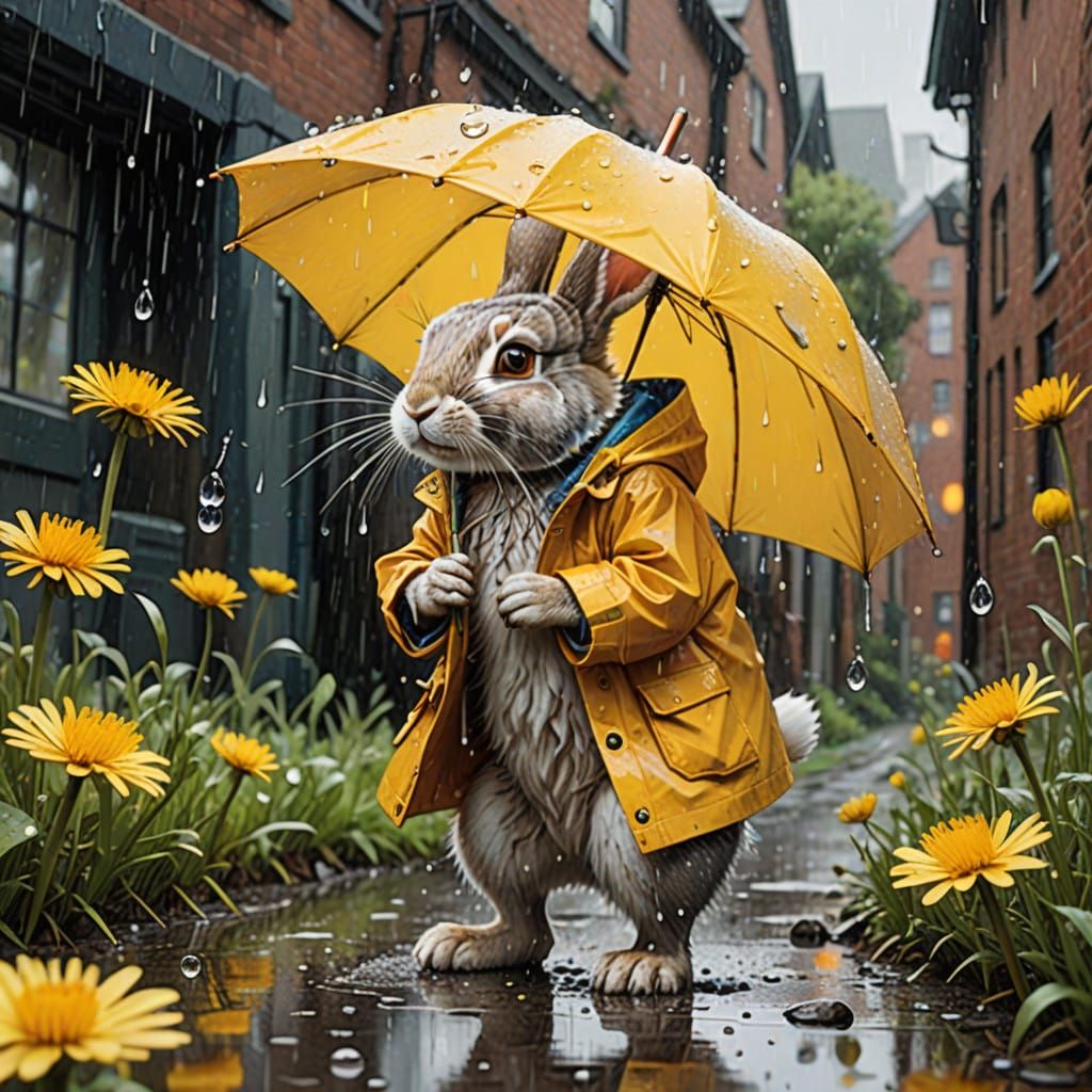 Whimsical Rabbit in Yellow Raincoat Seeks Shelter Under Dand...