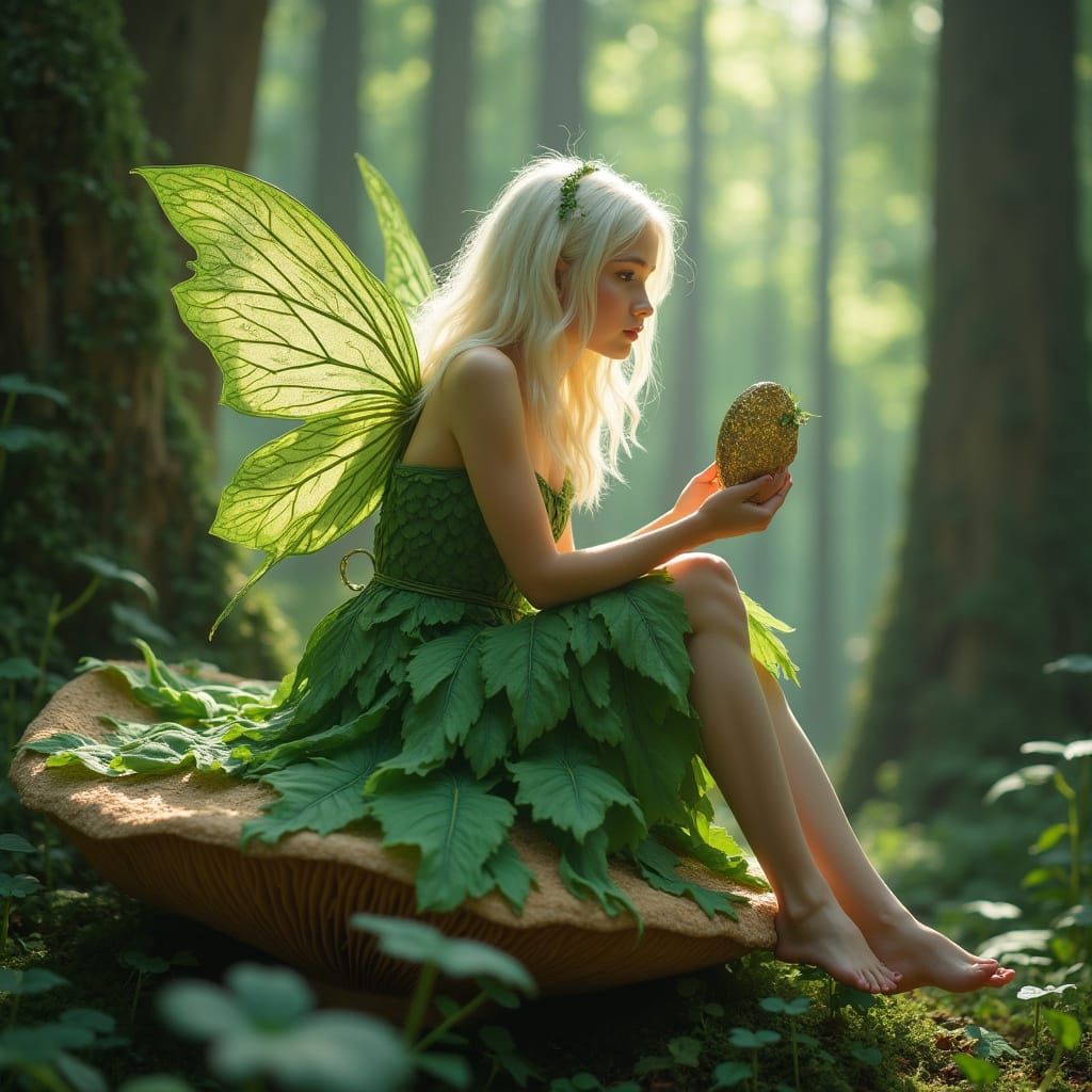 Ethereal Woman in Leaf Dress Gazing in Mirror