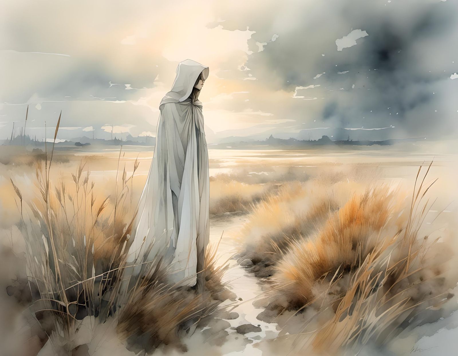 Woman in White Cloak on Foggy Bog: Art-Deco Watercolour