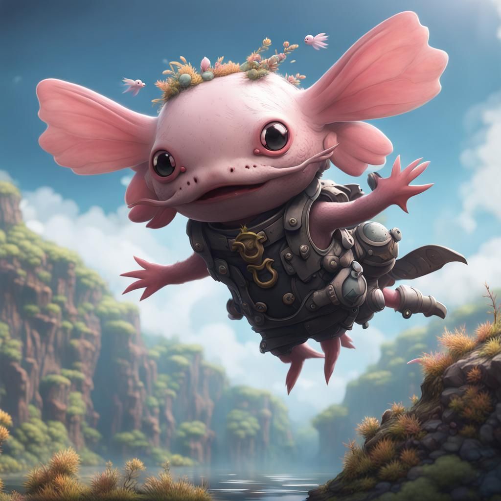 Cute Flying Axolotl in Made in Abyss Style