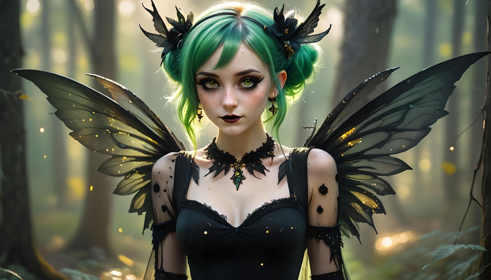 Goth Fairy with Green Hair in Fantasy Art Style