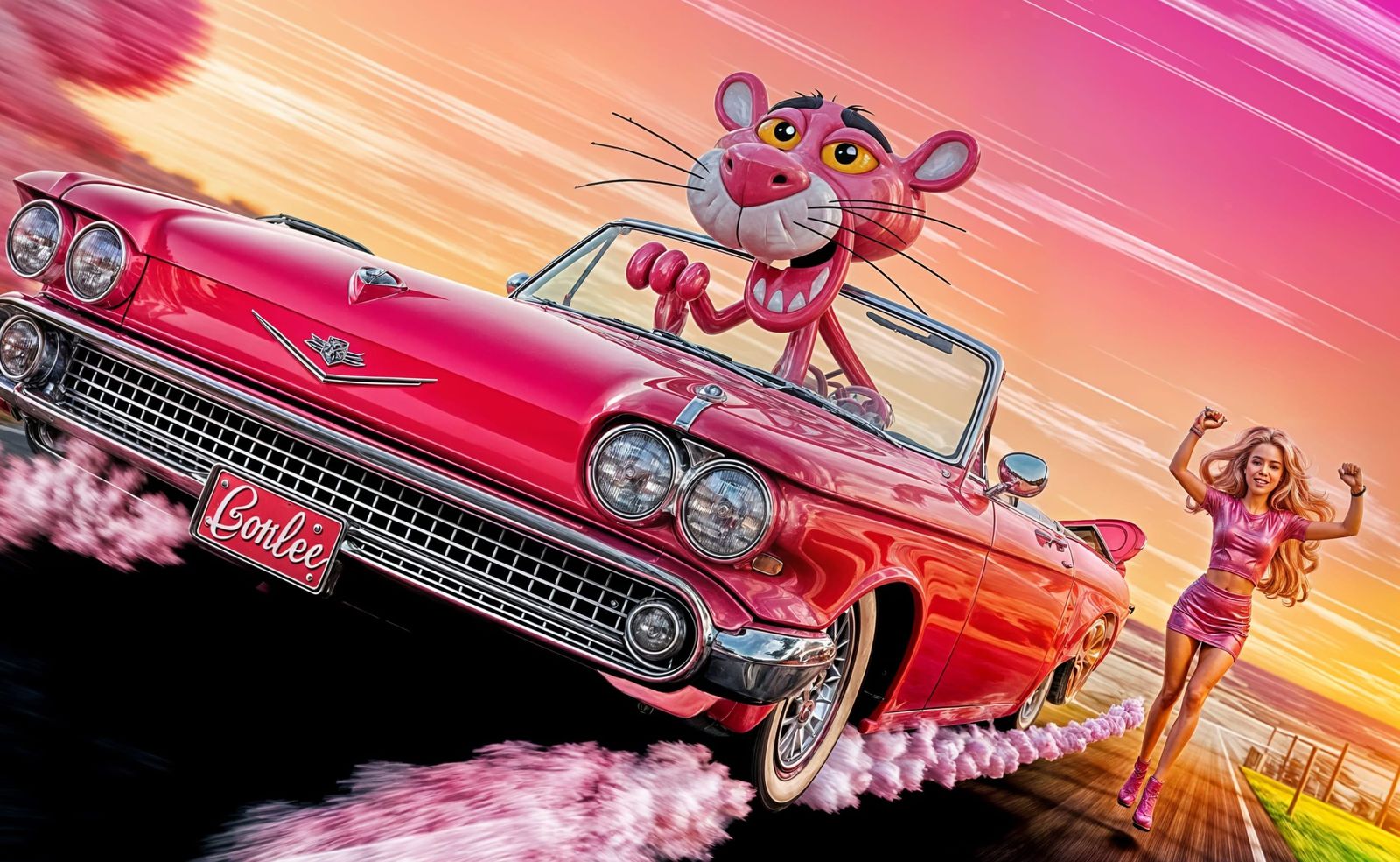 Pink Panther Speeds Away in Hot Pink Convertible