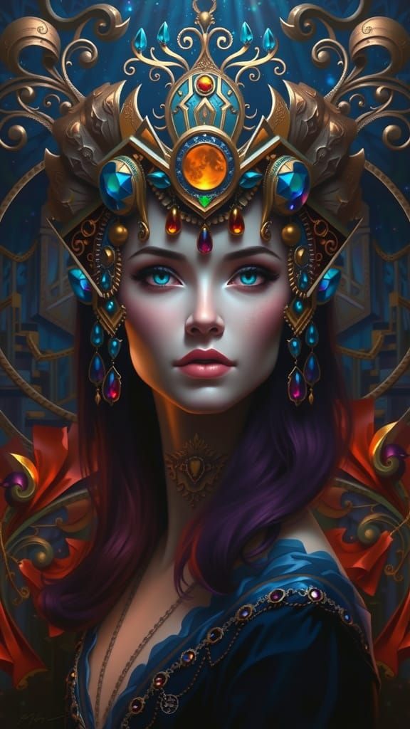 Surreal Queen on Moonlit Stairs in Eerie Light