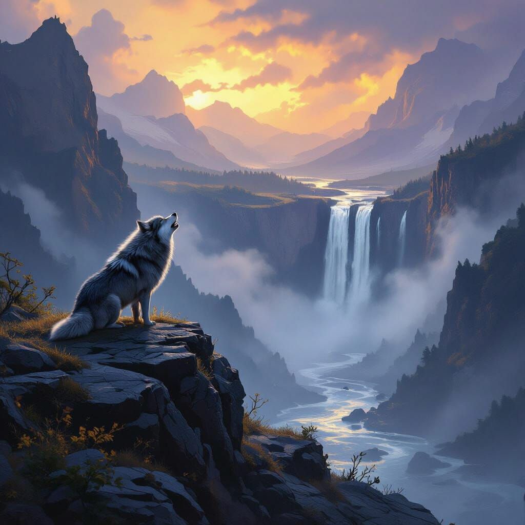 Majestic Wolf Howling by River Waterfall in Dark Fantasy Sty...