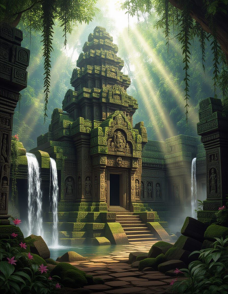 Lush Jungle Temple with Ancestral Symbols