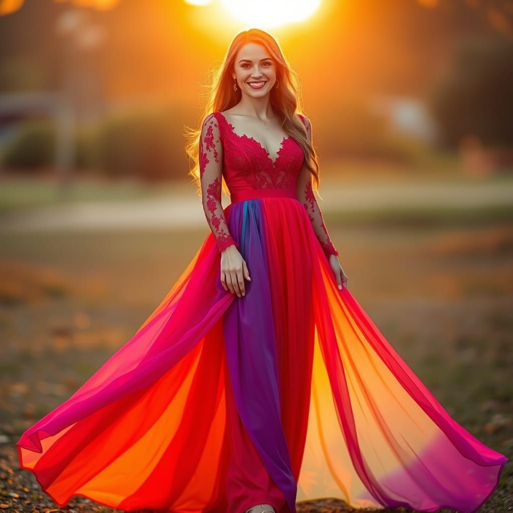 Woman in Flowing Rainbow Gown, Ethereal Fantasy Art