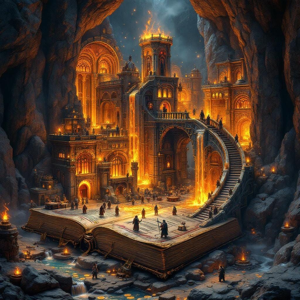 Miniature Dwarven Stronghold Emerging from Ancient Tome