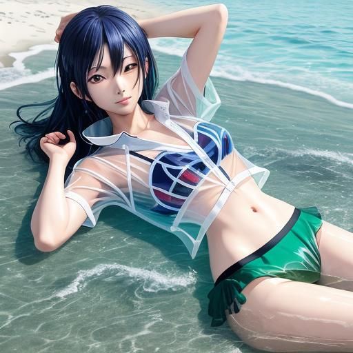 Anime Girl on Beach in Transparent Clothing