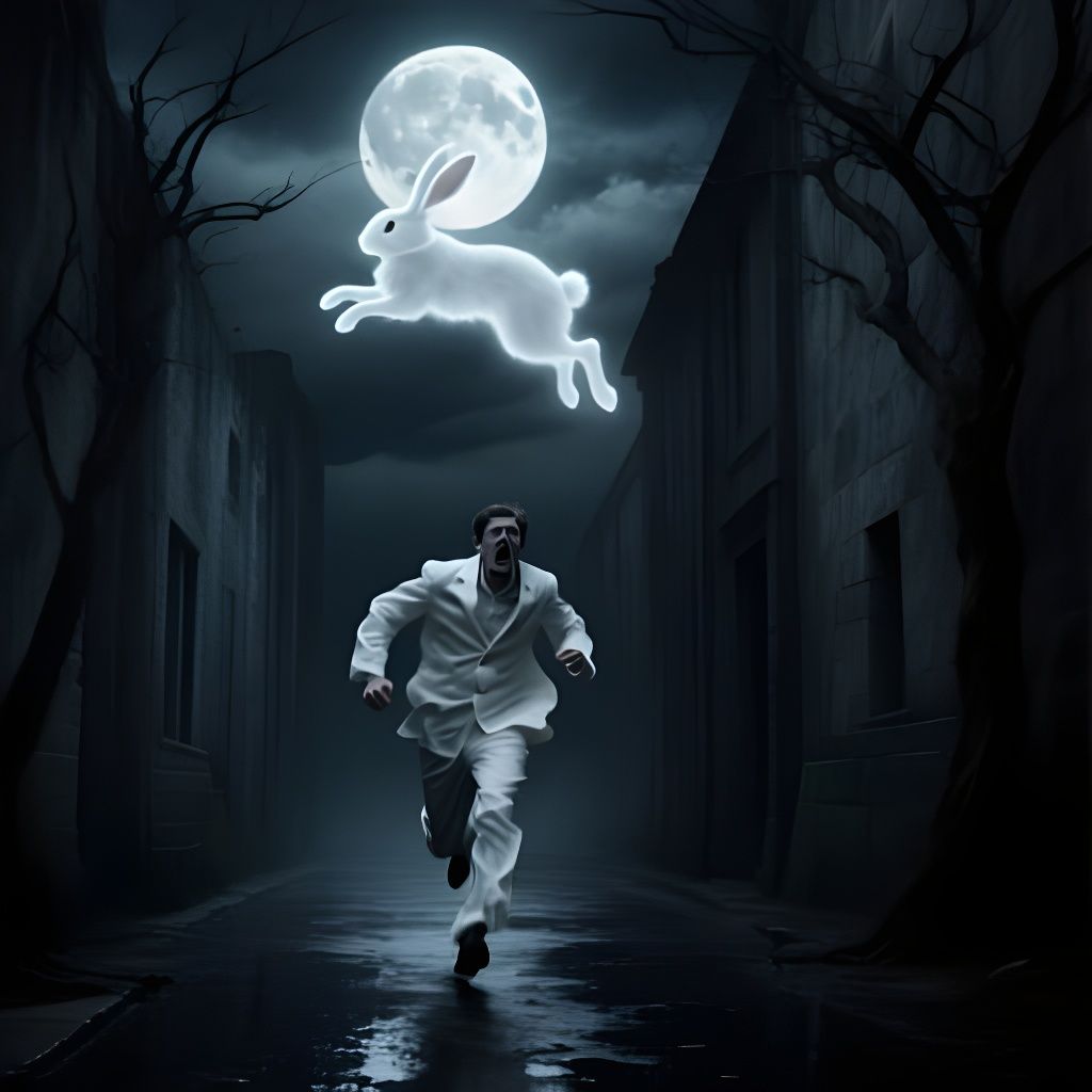 Surreal Dark Fantasy: Man Flees Ethereal Giant Rabbit