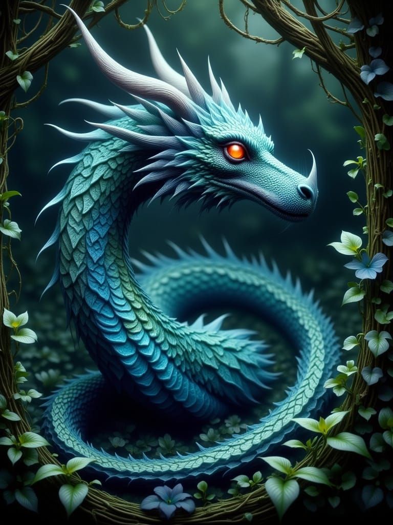 Serpentine Dragon Emerge from Enchanted Forest in Iridescent...