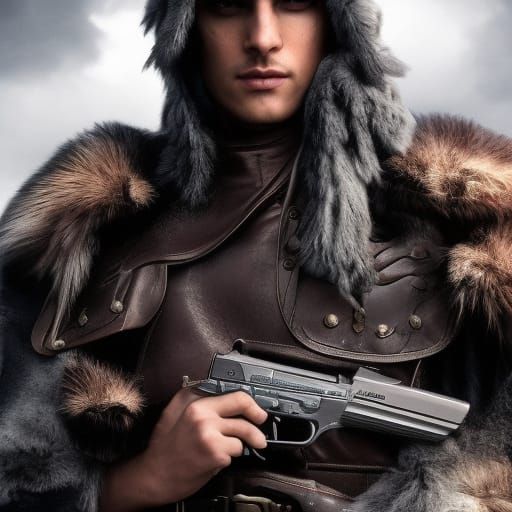 Leather-clad Were-Eagle with Gun in Digital Painting