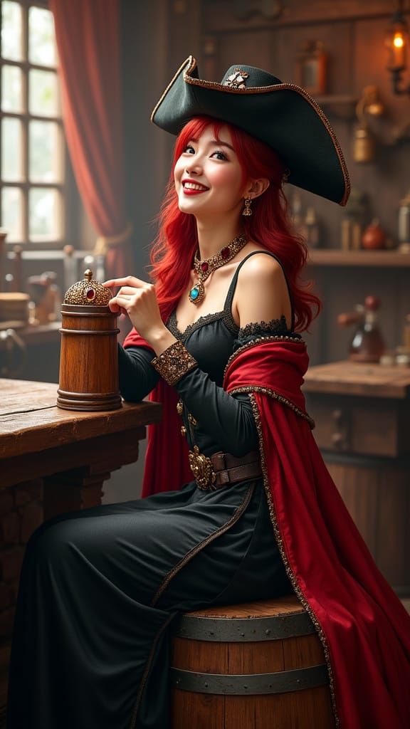 Elegant Pirate Princess with Red Hair and Piercing Blue Eyes