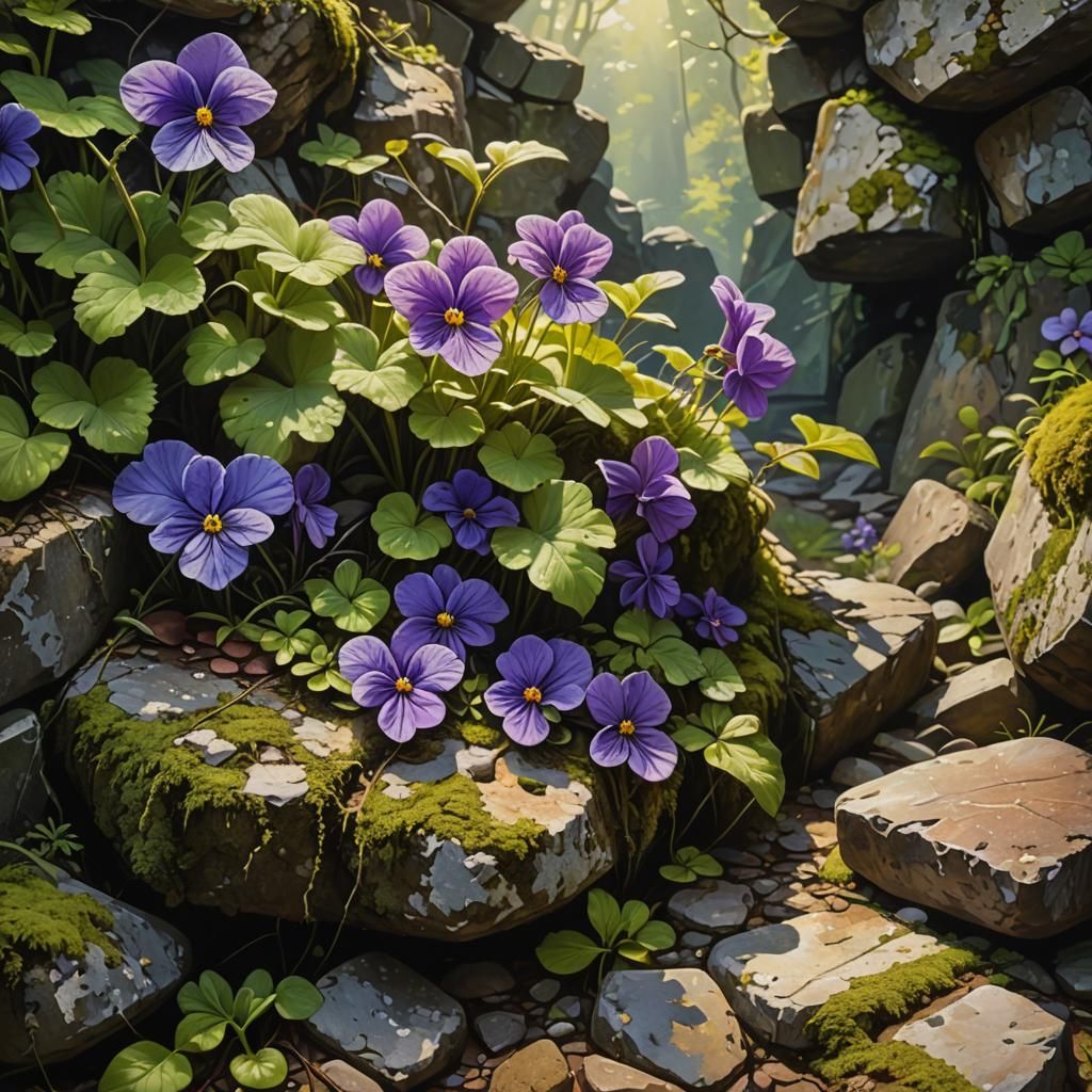 Violets Growing in Stone Wall: Hyperrealistic Splash Art