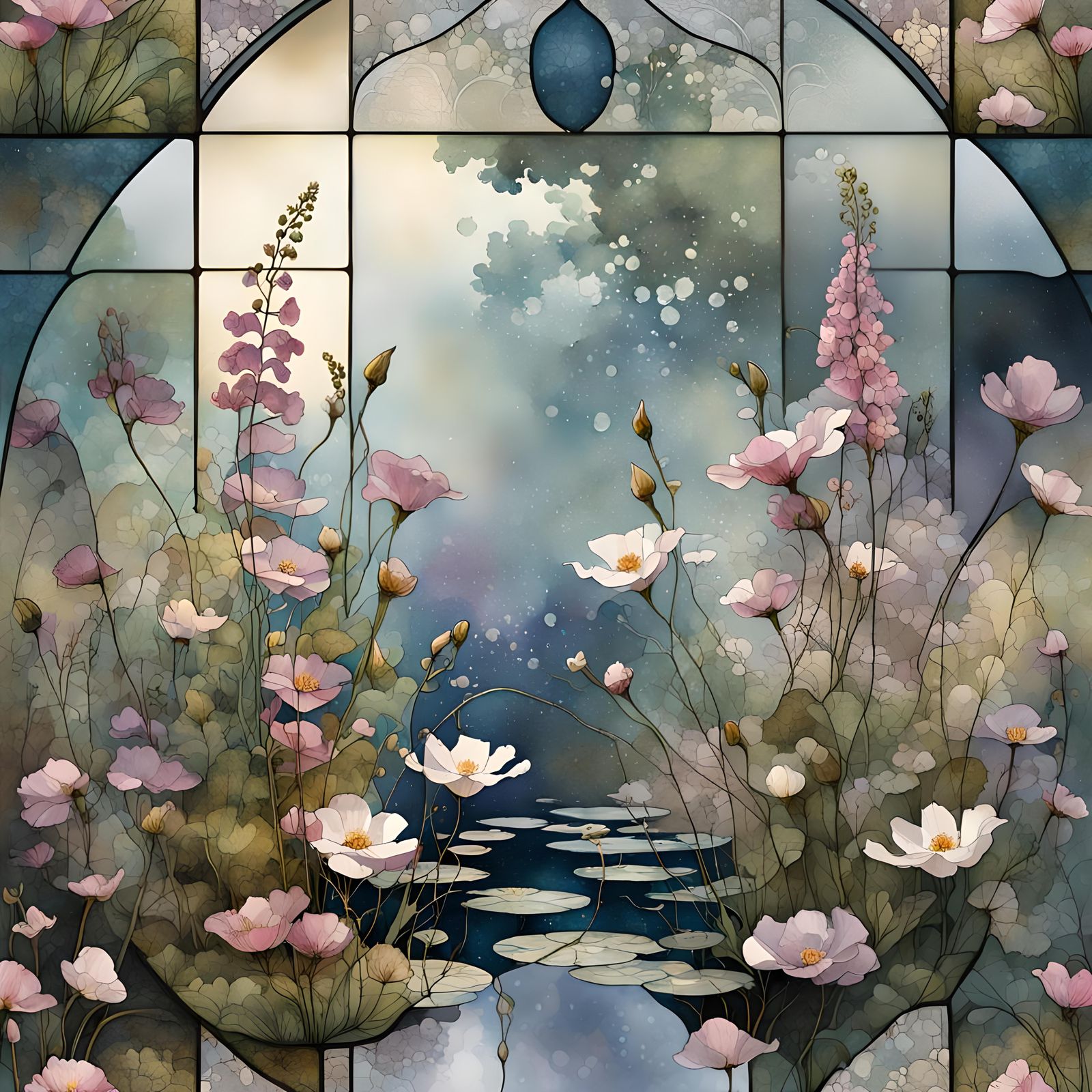 Reflections of Foxgloves and Cosmos in Liquid Ink Style