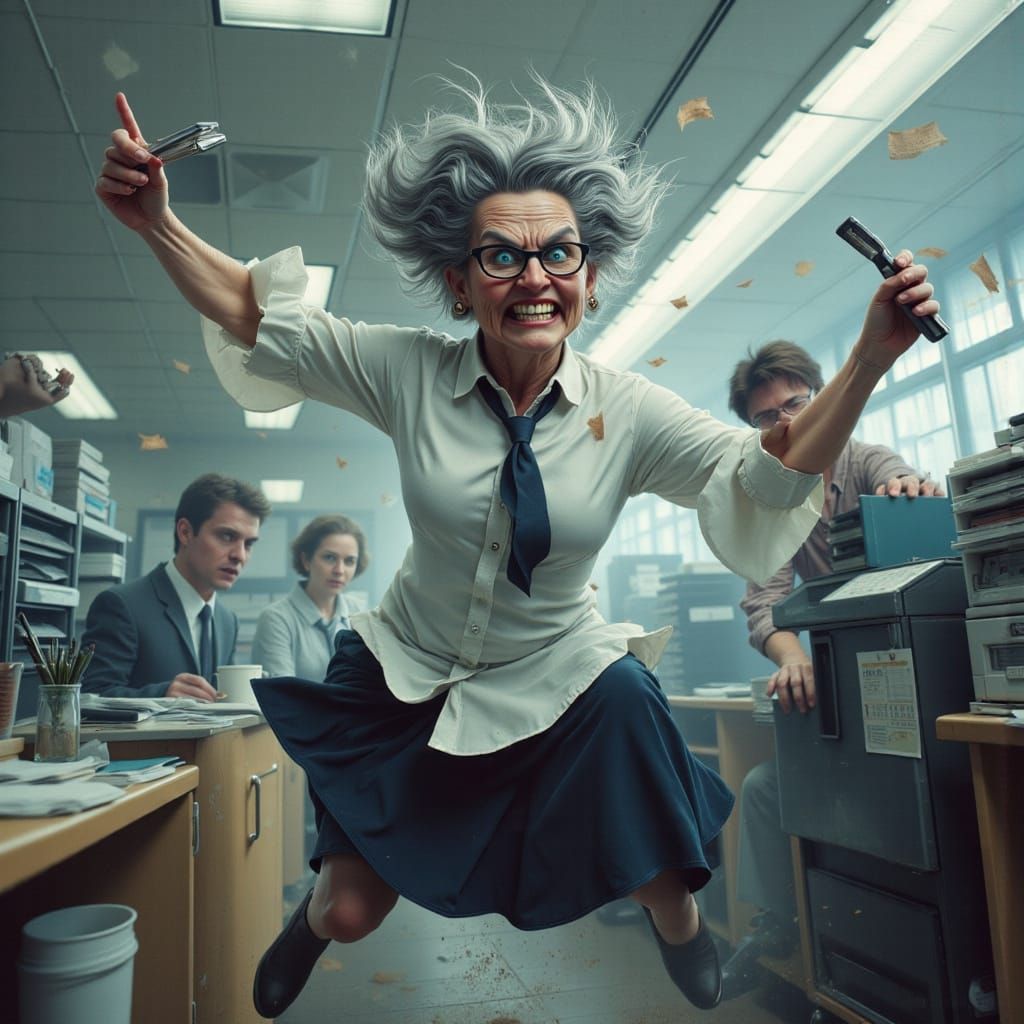 Angry Secretary's Office Rage: Cinematic Film Still