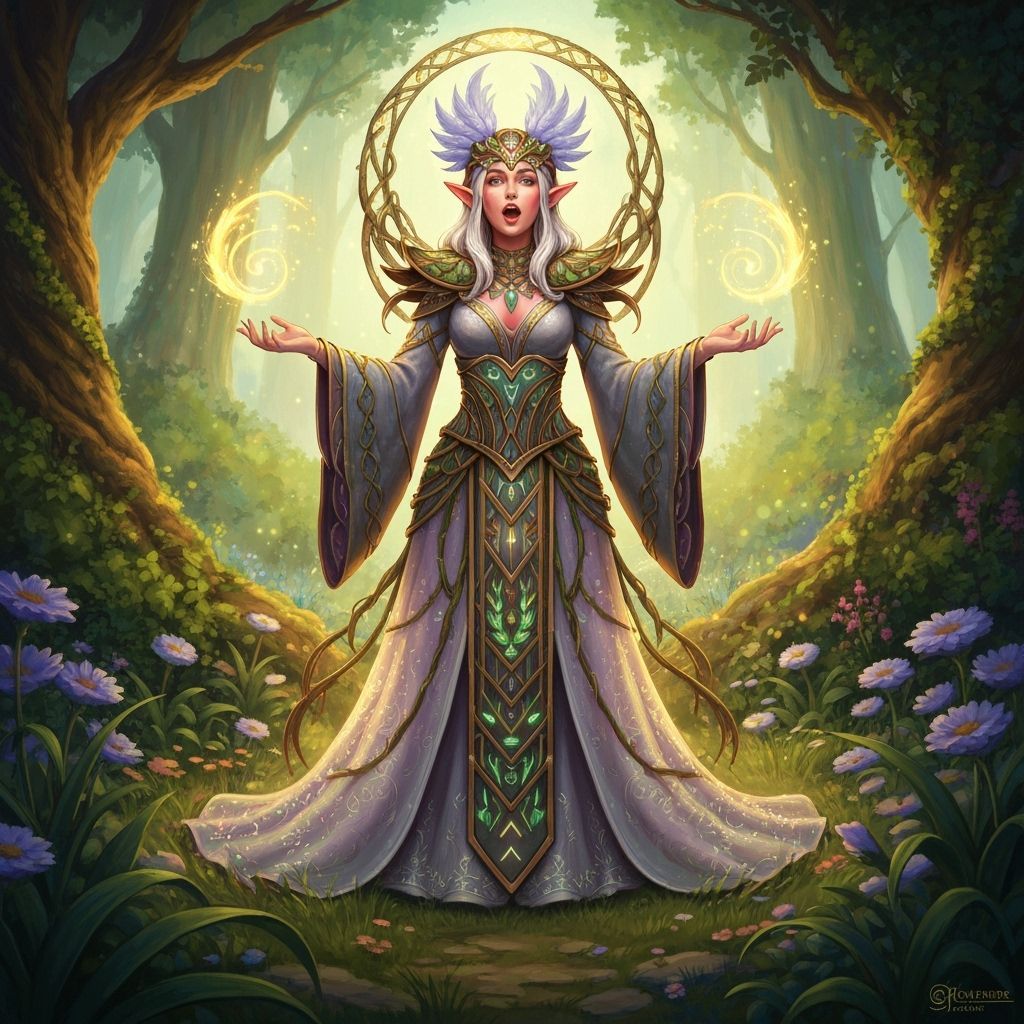 Elf Druid Sings in Enchanted Forest Clearing