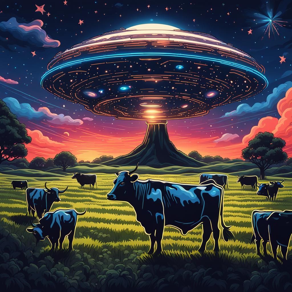 UFO Piloted by Cows Beaming Up Cow