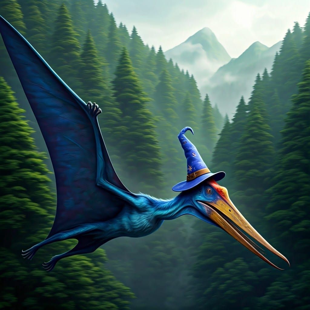 Blue Pteranodon Pterosaur in Wizard Hat Soars through Majest...
