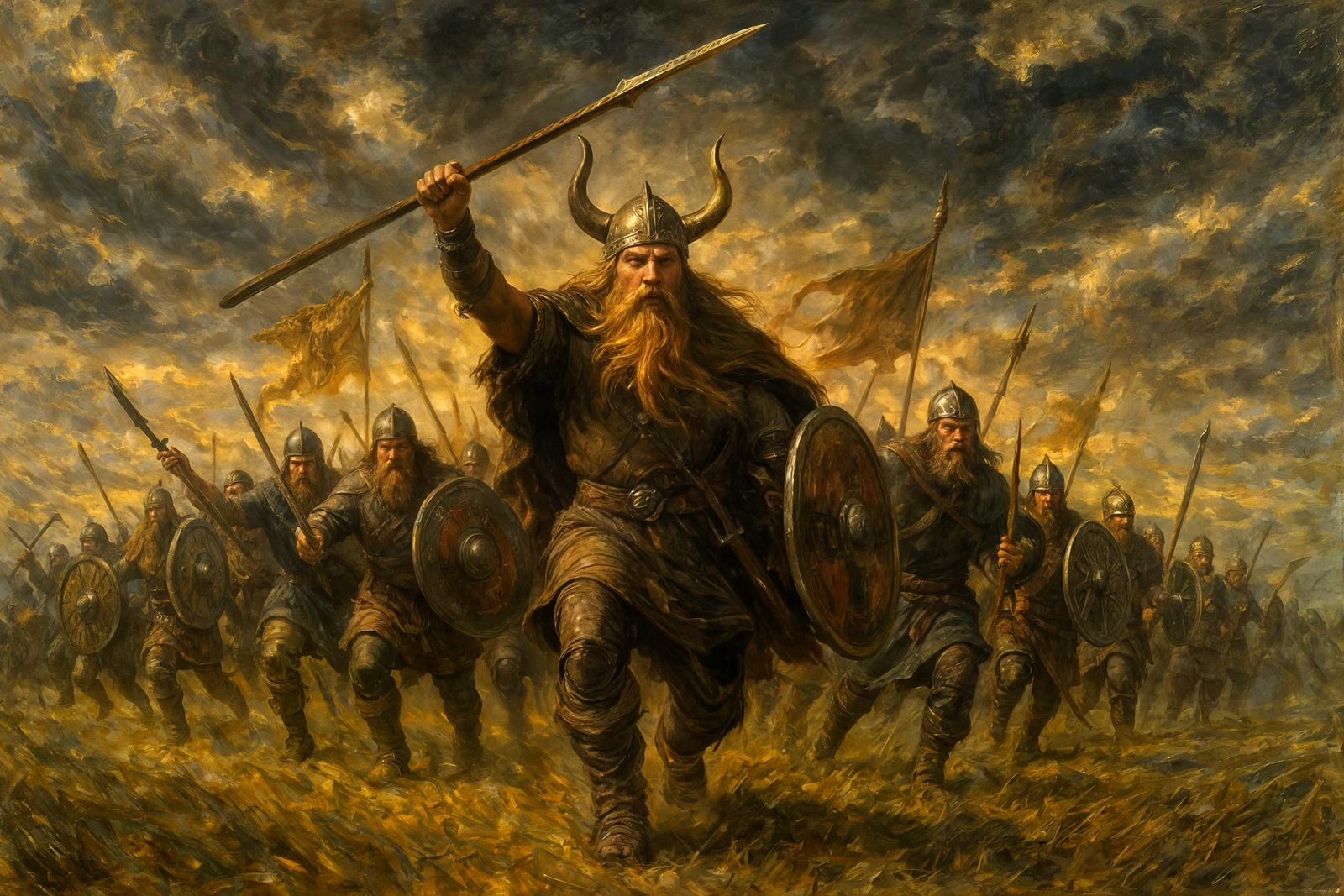 Viking Horde Charging in Dramatic Oil Painting