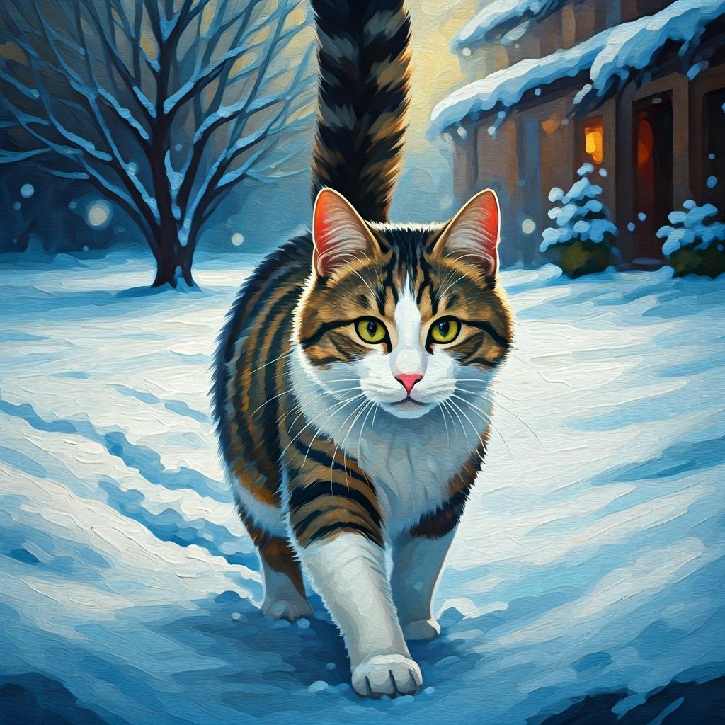 Tabby Cat Wades Through Deep Snow in Garden