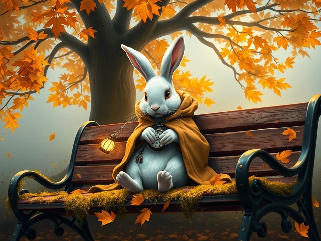 On an autumn night, an anthropomorphic white rabbit sits qui...