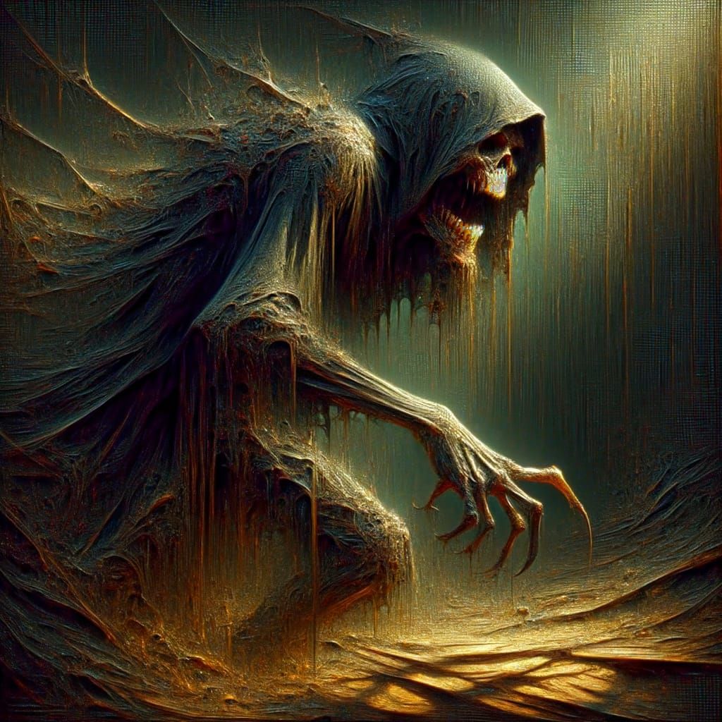 Menacing Shadow Creature in Hyperrealistic 4D Oil Painting