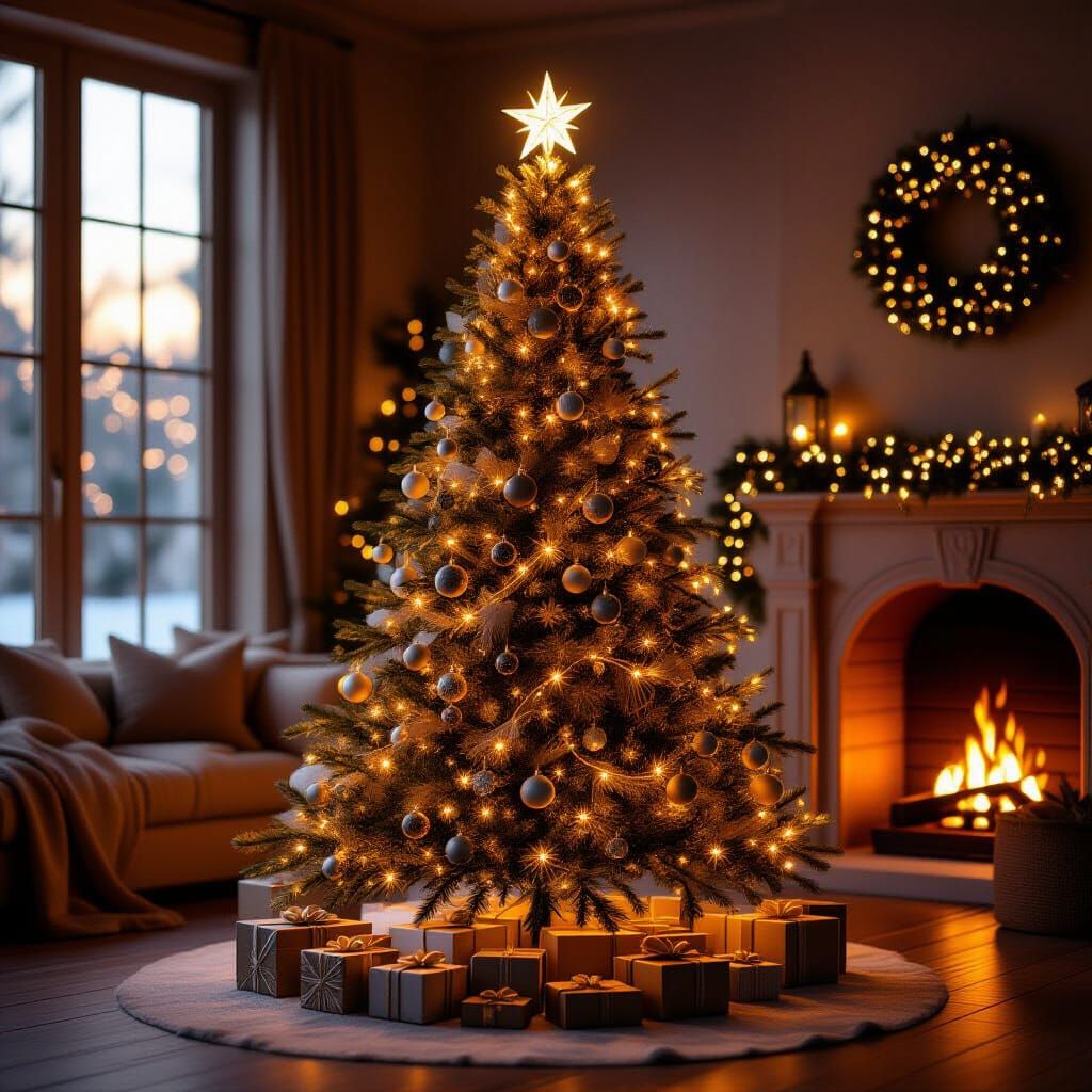 Realistic Christmas Tree with Fireplace Glow