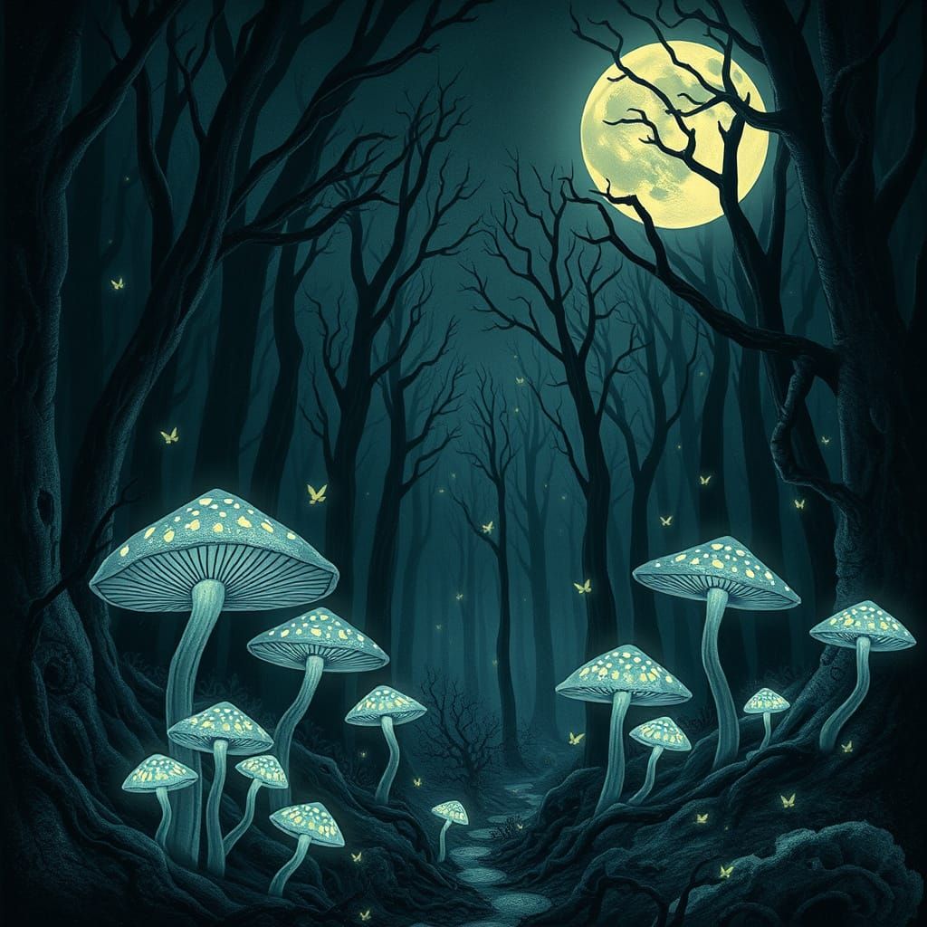 Whimsical Moonlit Forest in a Dark, Mystical Style