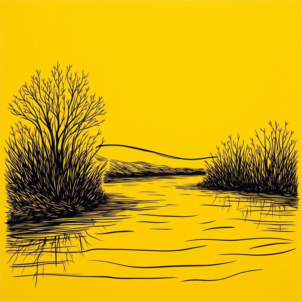 Moonlit River Line Art in Schiele Style