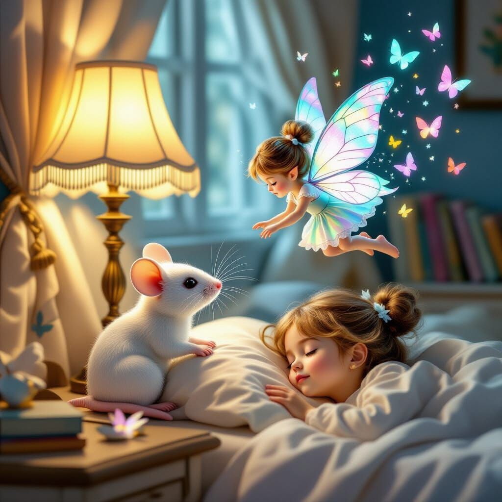 Magical Paper Mouse Transforms into Fairy Above Sleeping Gir...