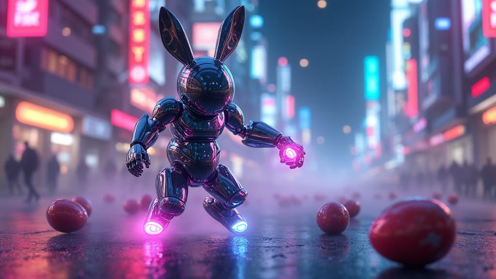 Cyberpunk Robot Easter Bunny Hops Across Cityscape