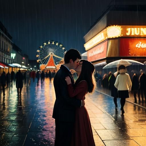 Rainy Fairground Kiss: An Impressionist Oil Painting